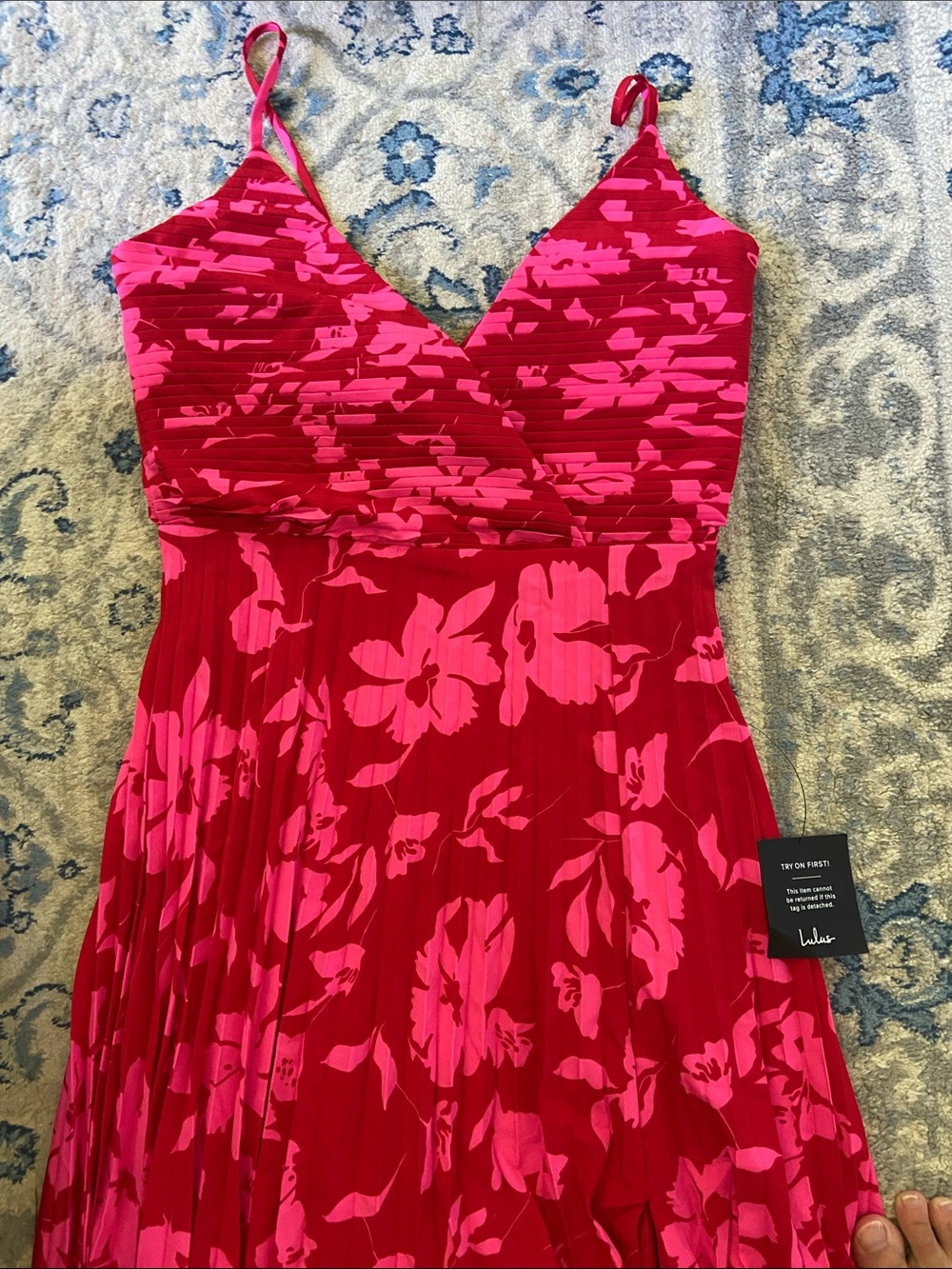 Lulu’s Vibrant Moment Red and Pink Floral Pleated Lace-Up Midi Dress - Picture 5 of 13